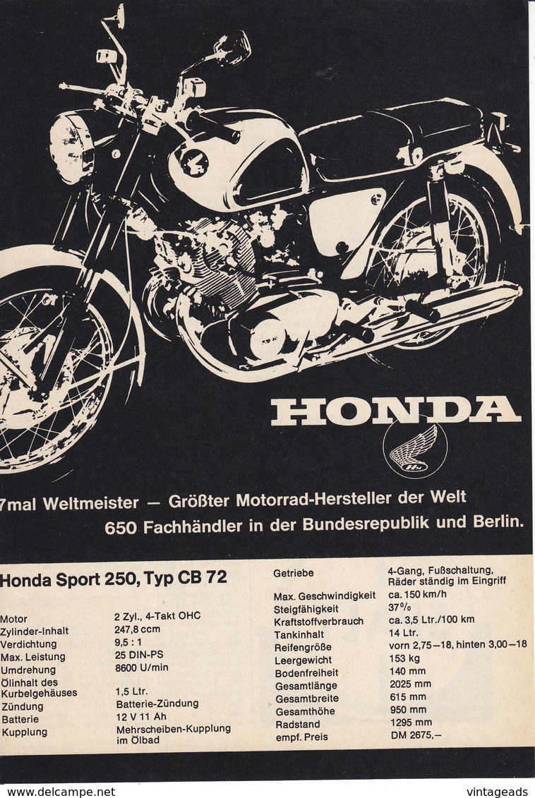 AD026 - Werbung Reklame Honda Sport 250 - Typ CB 72, 1964, Original Aus Zeitschrift, 147 X 208 Mm - Werbung