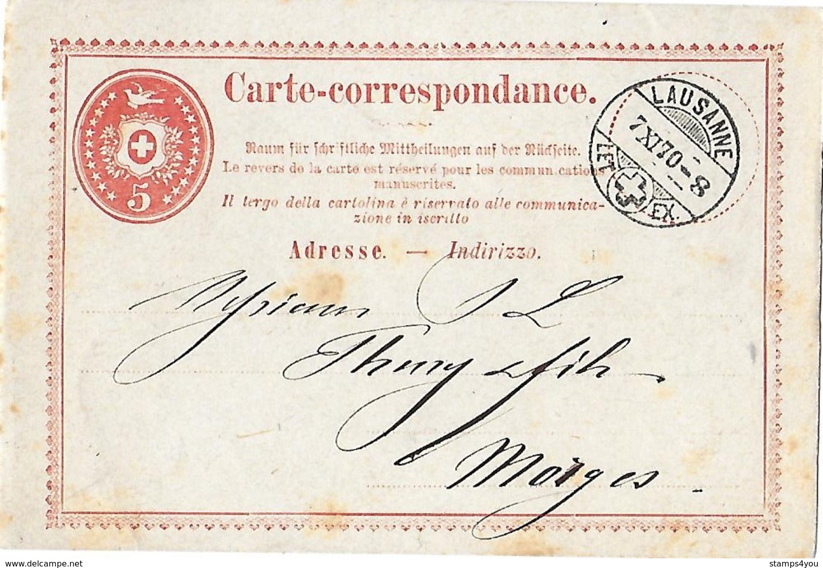 27 - 39 - Entier Postal Avec Superbe Cachet à Date  Lausanne 1870 - Ganzsachen