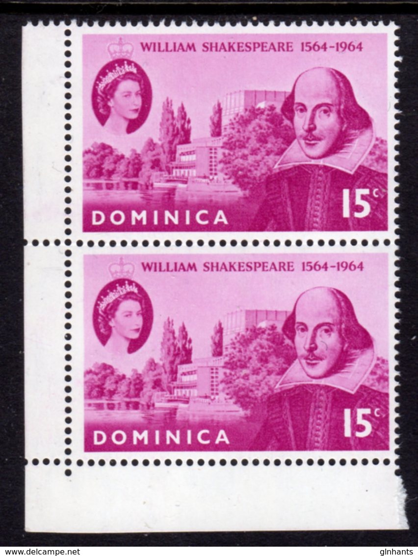 DOMINICA - 1964 SHAKESPEARE BIRTH ANNIVERSARY STAMP CORNER MARGIN PAIR FINE MNH ** SG182 X 2 - Dominica (...-1978)