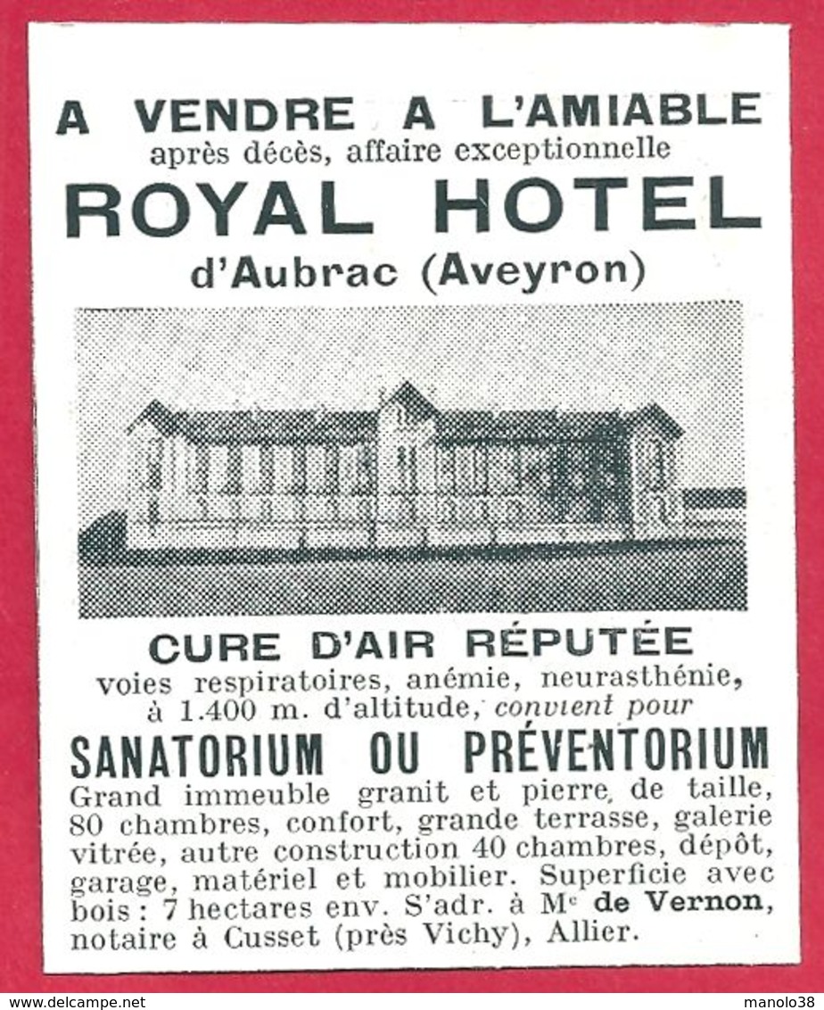 Royal Hôtel à Vendre. Aubrac, Aveyron(12). Cure D'air Réputée. 1935 - Publicités