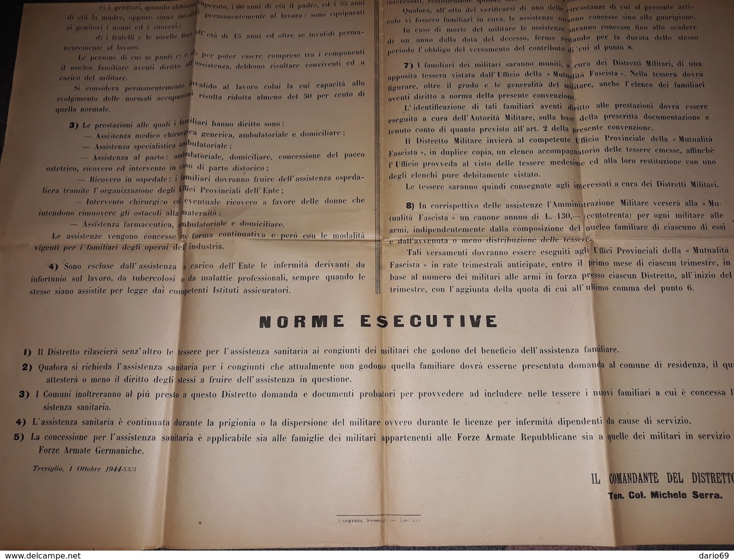 1944   MANIFESTO  DISTRETTO MILITARE DI TREVIGLIO  ASSISTENZA SANITARIA ALLE FAMIGLIE DEI MILITARI ALLE ARMI - Manifesti