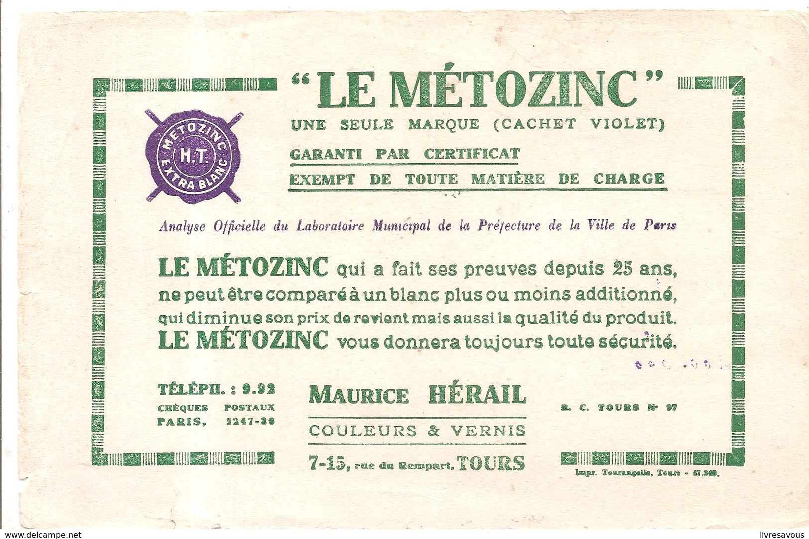 Buvard LE METOZINC Chez Maurice Hérail Couleurs & Vernis 7-15 Rue Du Rempart à Tours - Peintures