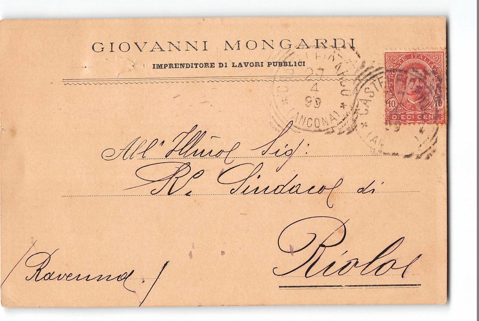 7962  CASTELFIDARDO MONGARDI X RIOLO - 1899 - Storia Postale