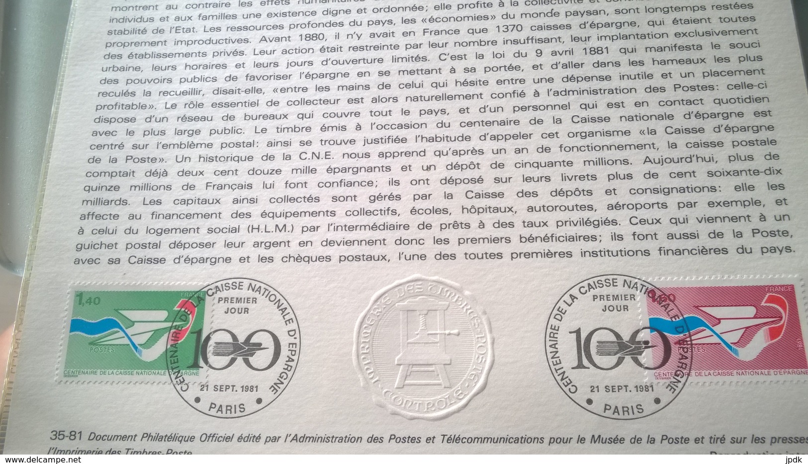 Centenaire De La Caisse Nationale D'épargne (1981). Document Philatélique Officiel De L'administration De La Poste - Non Classés