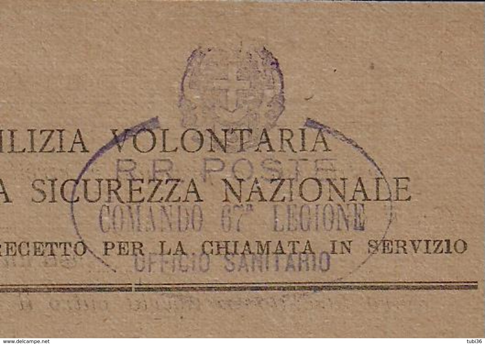 MILIZIA VOLONTARIA PER LA SICUREZZA NAZIONALE, CARTOLINA PRECETTO PER LA CHIAMATA IN SERVIZIO-EMBLEMA MILIZIA NAZIONALE, - 1939-45