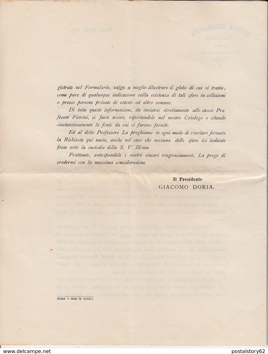 Società Geografica Italiana Documento Inviato  Ai Signori Bibliotecari Per Avere Informazioni Roma 1893 - Altri & Non Classificati