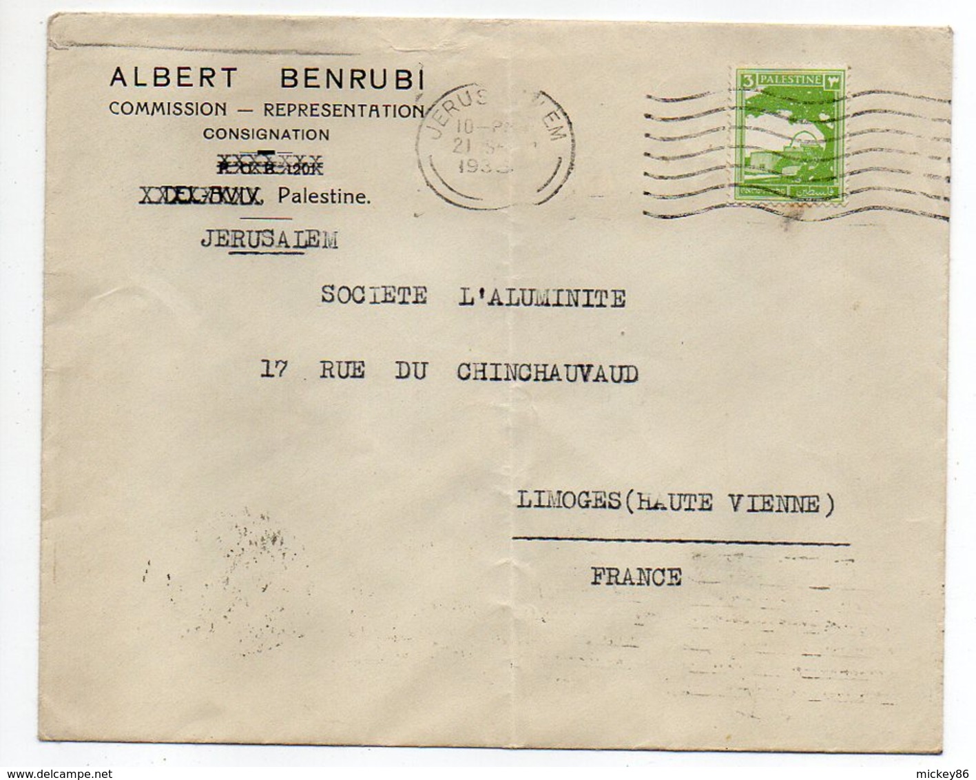 Palestine--1936--Lettre De JERUSALEM Pour LIMOGES (France)-tp Seul Sur Lettre-cachet- Personnalisée Albert BENRUBI - Palestine