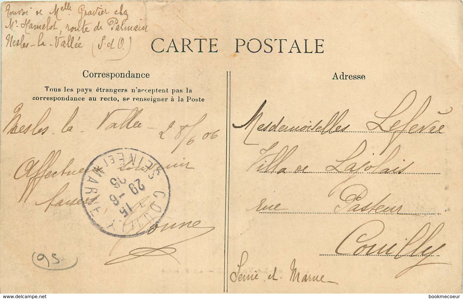 95 NESLES-la-VALLEE  La Falaise Voyagée En 1906 Pour Villa De LAJOLAIS à Couilly - Nesles-la-Vallée