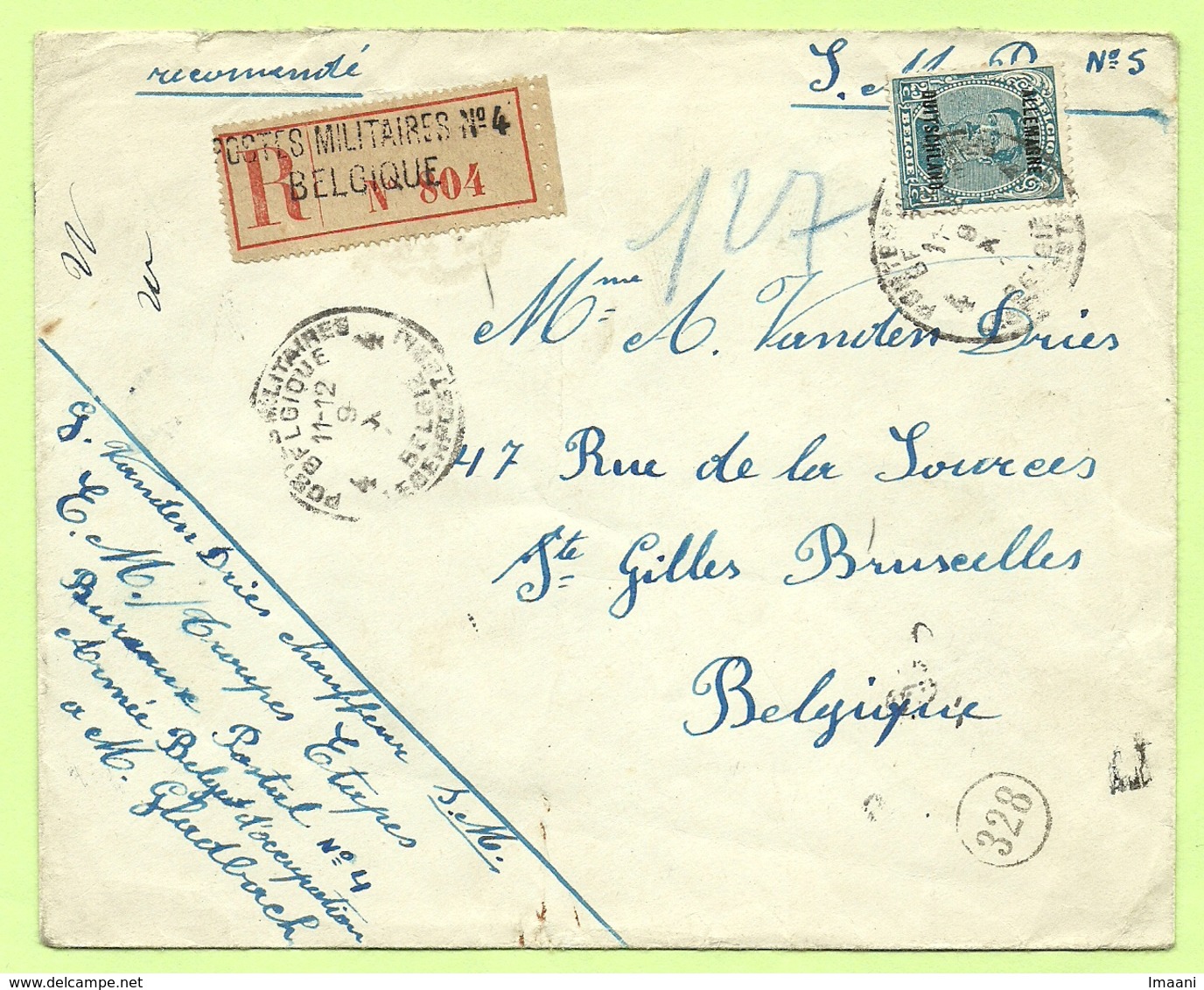 BZ 45 Op Brief AANGETEKEND Stempel POSTES MILITAIRES BELGIQUE 4 Met FRANS Aantekenstrookje (RARE!!!!!) (B8071) - OC38/54 Occupation Belge En Allemagne