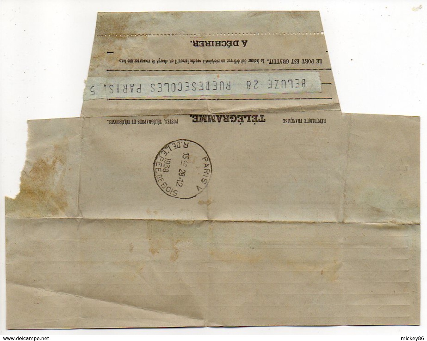 France --1938--Télégramme De CLISSON - 44  Pour PARIS 5° --Beau Cachet PARIS V -- - Telegrafi E Telefoni