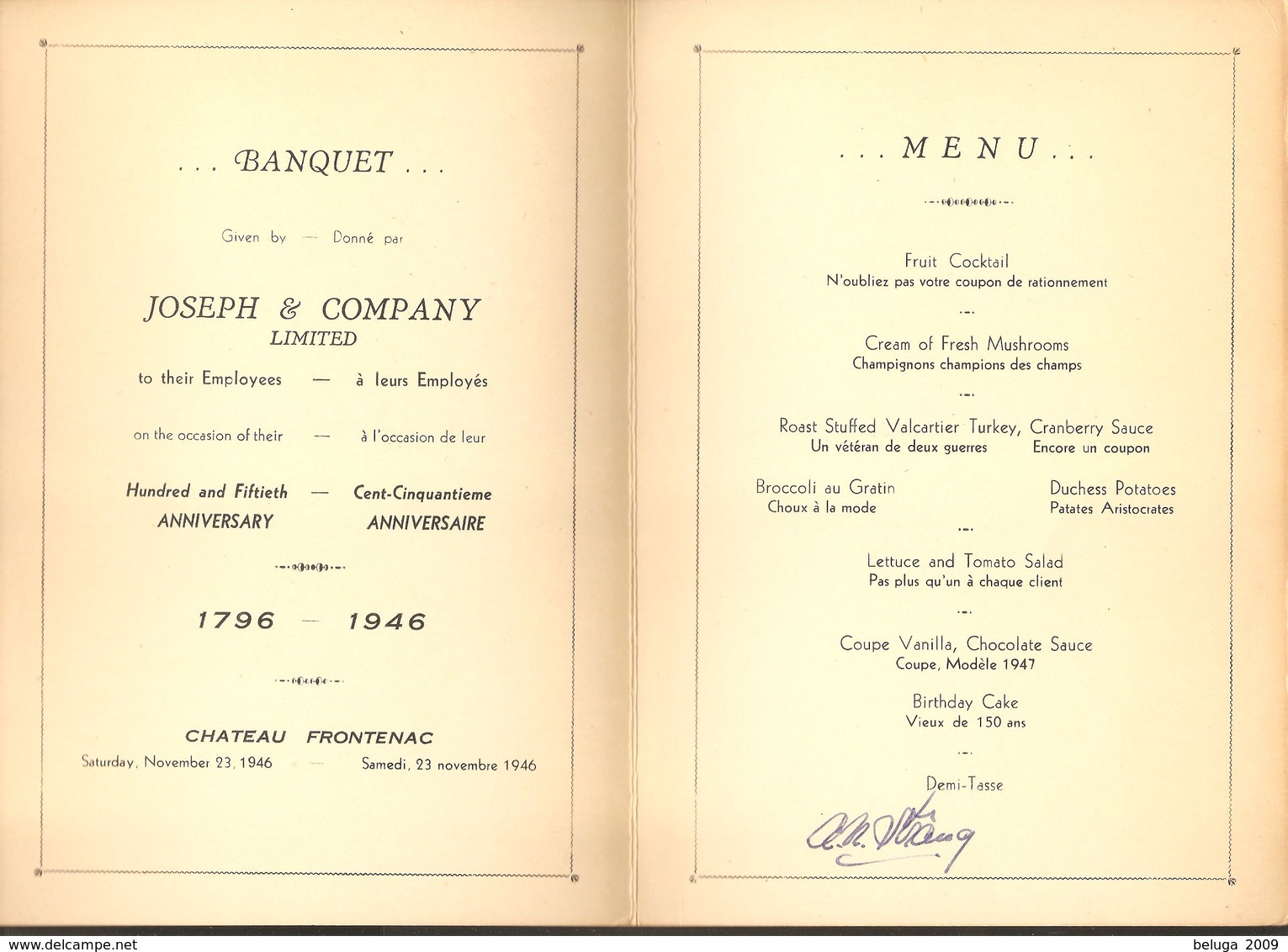 1796 - 1946 Quebec Canada Joseph & Company Limited 150th Anniversary Banquet Menu @ Chateau Frontenac - Menus