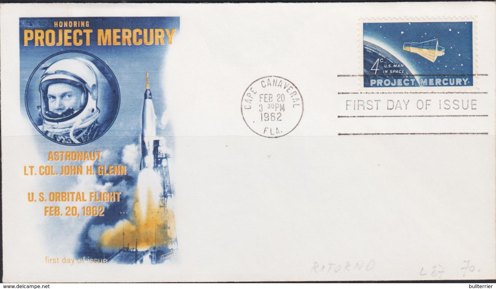 SPACE  - USA-   1962 PROJECT MERCURY COVER  WITH CAPE CANAVERAL  POSTMARK  FEB  20 1962 - United States