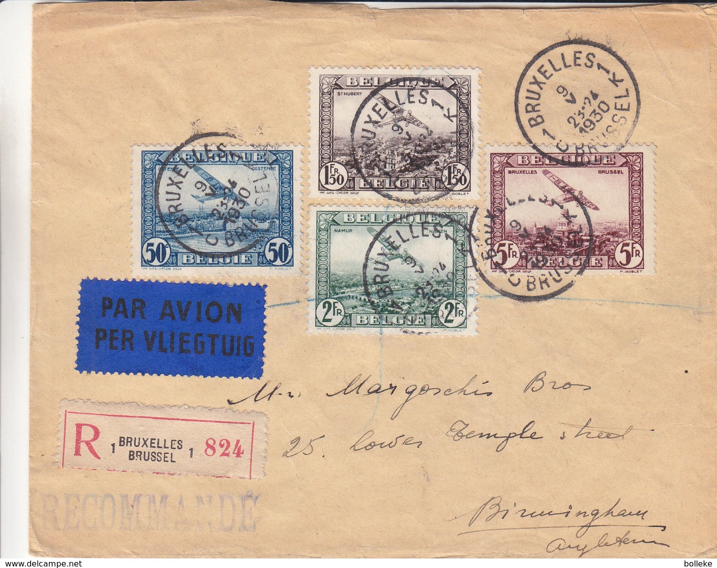 Belgique - Lettre Recom De 1930 ° - Oblit Bruxelles - Exp Vers Birmingham - Avec Vignette - Valeur 45 € +++ - Covers & Documents