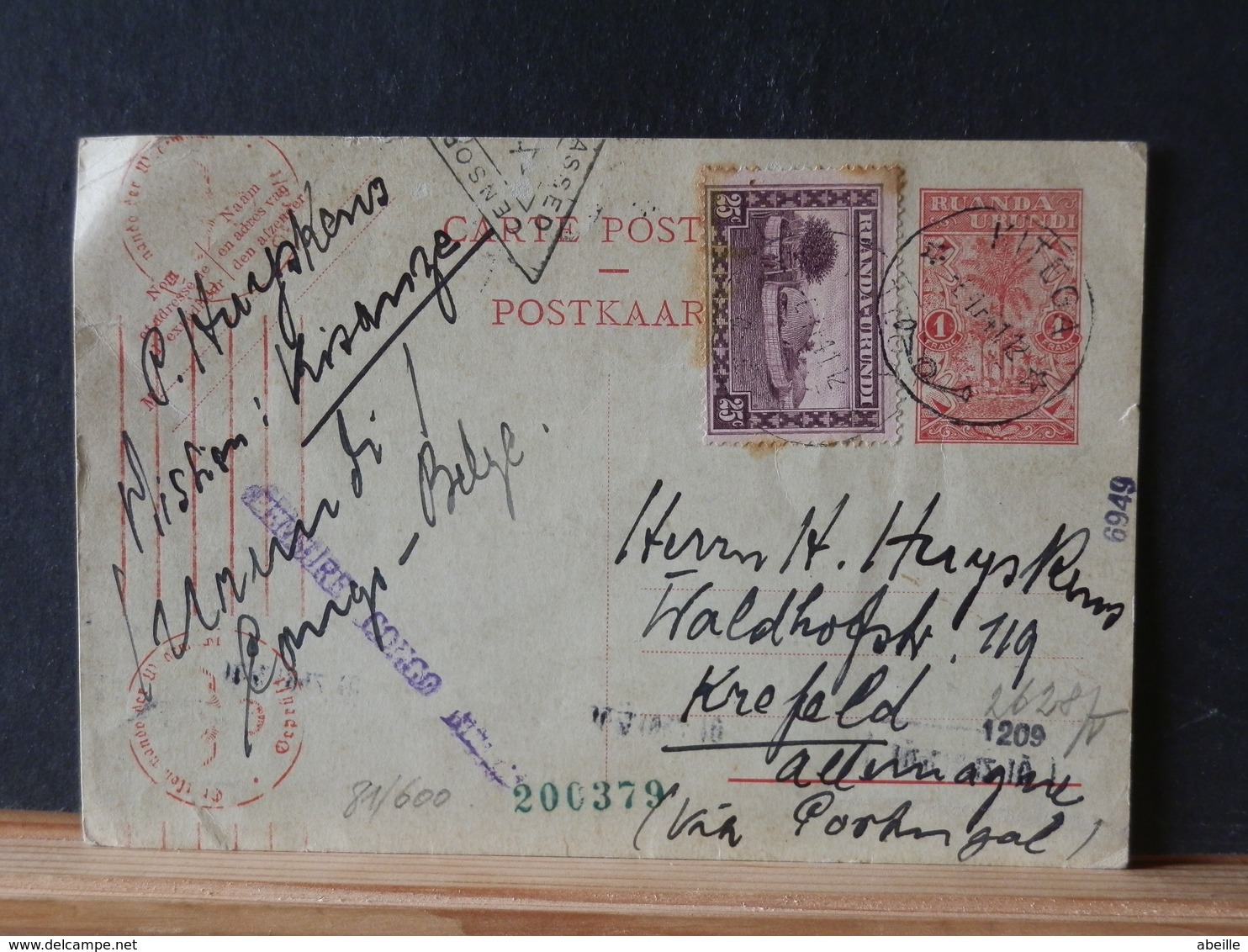 81/600   CP RUANDA   1941 POUR ALLEMAGNE VIA PORTUGAL 3 CENSURE DIFF.; CONGO BELGE, ALLEMAGNE, ANGLAISE? - Brieven En Documenten