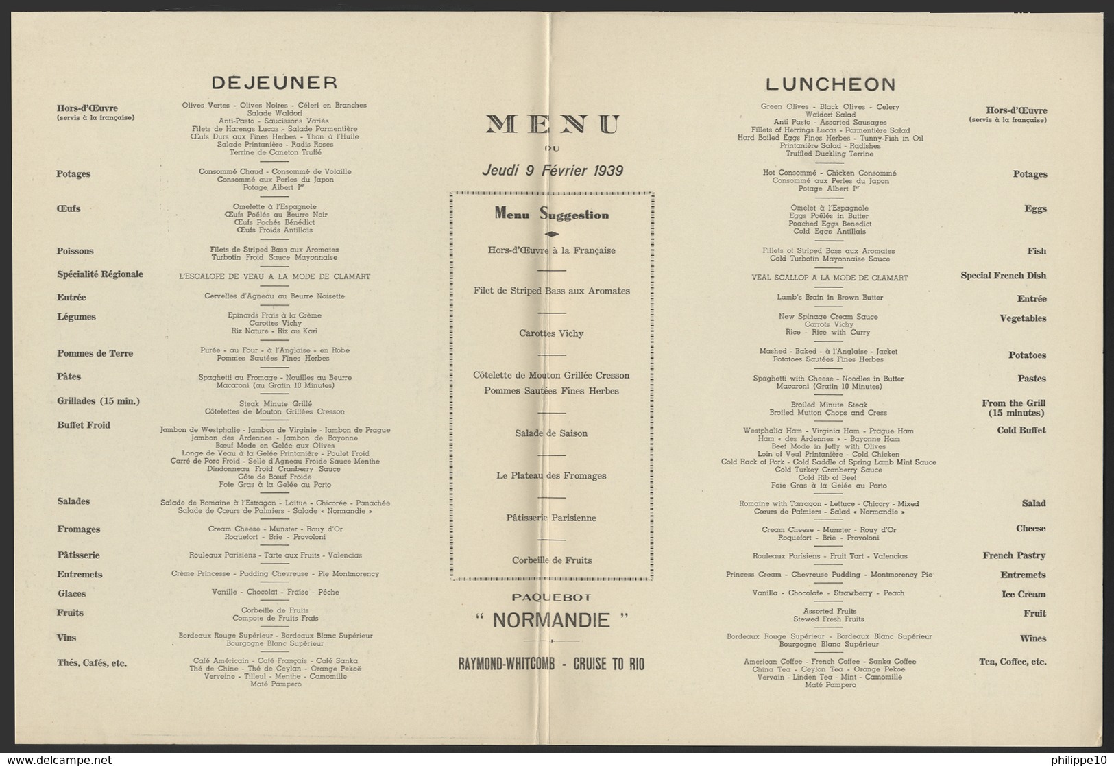 MENU FRENCH LINE - PAQUEBOT NORMANDIE Croisière RIO 1939 - Déjeuner Du 9/02/39 - Other & Unclassified