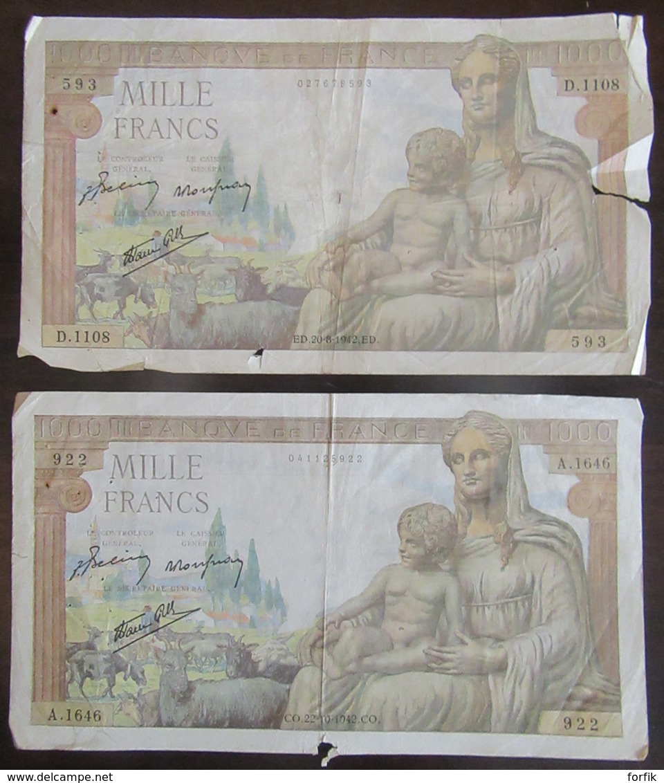 France - Lot de 6 Billets français de 5f, 10f, 100f et 1000 Francs - Etat d'usage