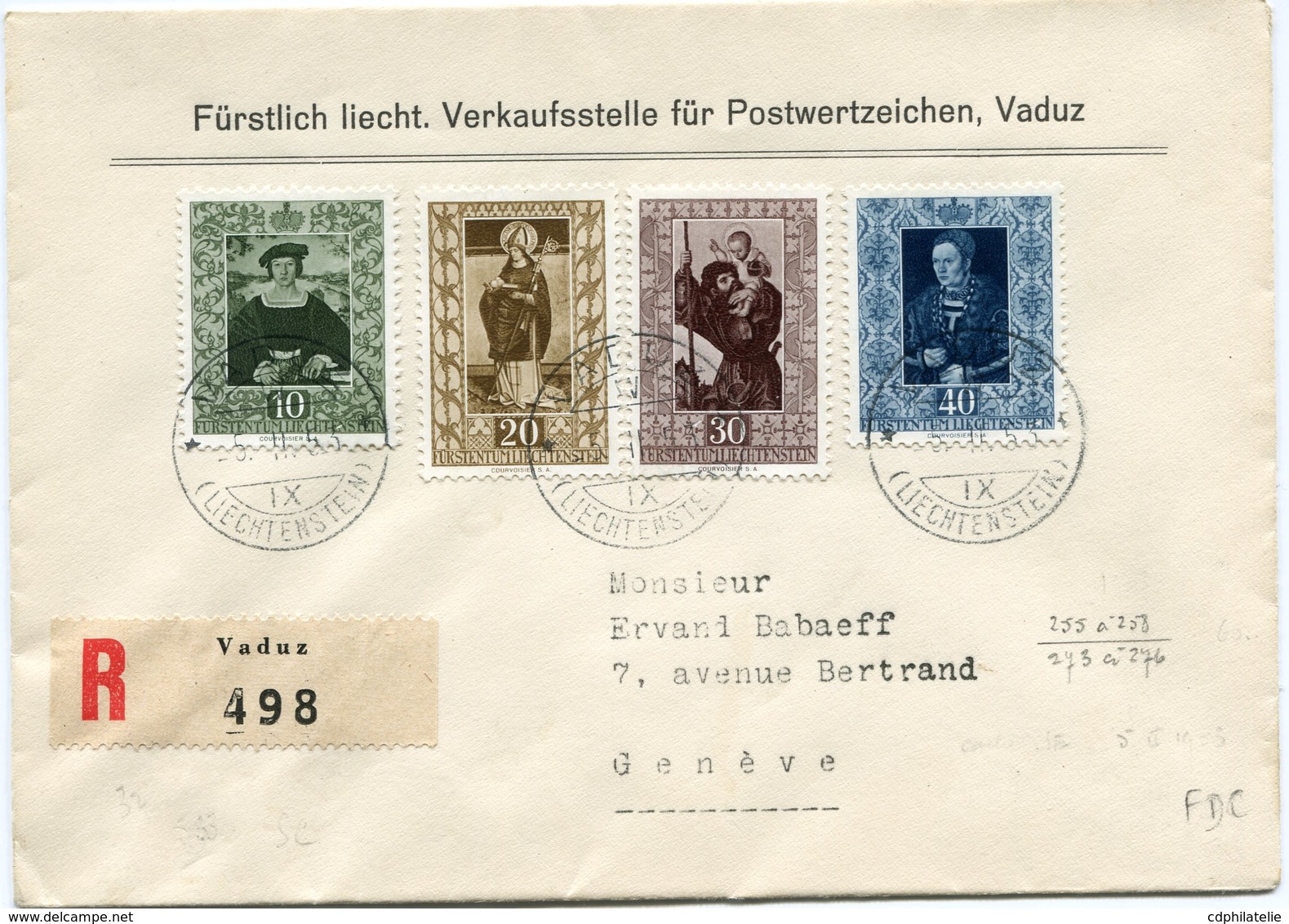 LIECHTENSTEIN LETTRE RECOMMANDEE AFFRANCHIE AVEC LES N°273/76 REPRODUCTIONS DE.... DEPART VADUZ 25 XI 53 POUR LA SUISSE - Covers & Documents