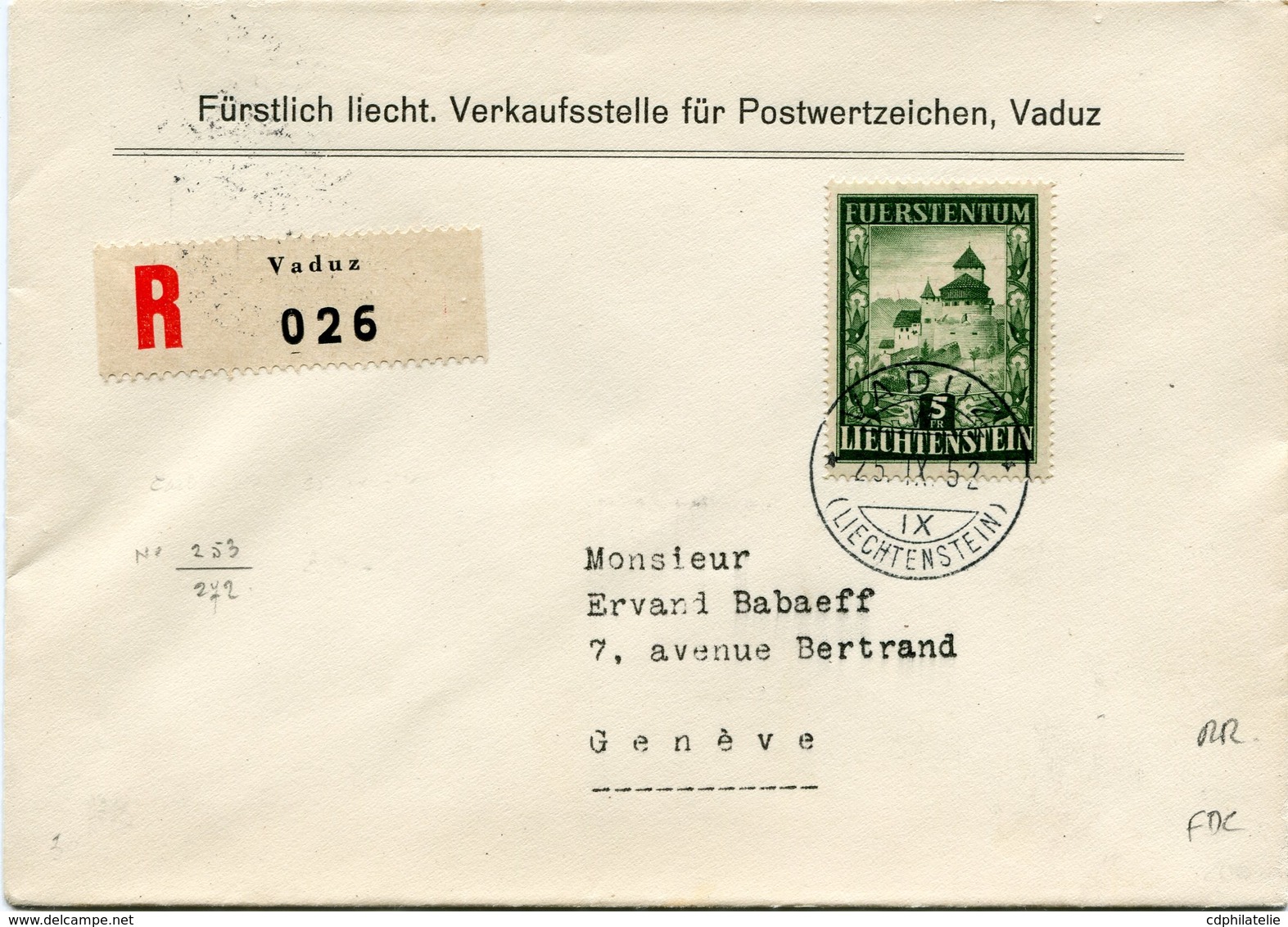 LIECHTENSTEIN LETTRE RECOMMANDEE AFFRANCHIE AVEC LE N°272 CHATEAU DE VADUZ DEPART VADUZ 25 IX 52 POUR LA SUISSE  RR - Lettres & Documents