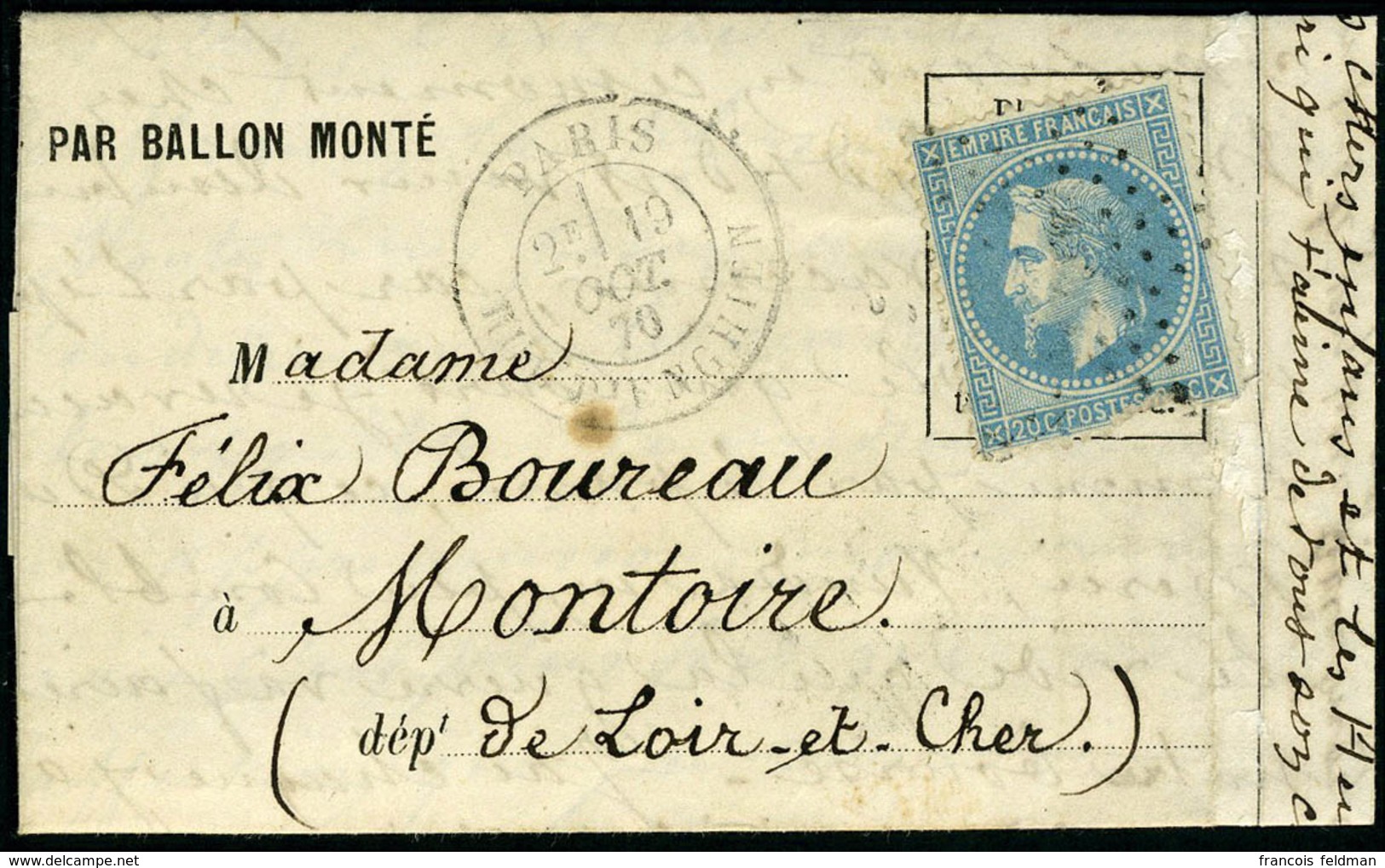 Lettre Le Garibaldi,  Càd Paris R D'Enghien 19 Oct 70, Pour Montoire (L Et Ch), Avec Arrivée, T.B. - Sonstige & Ohne Zuordnung