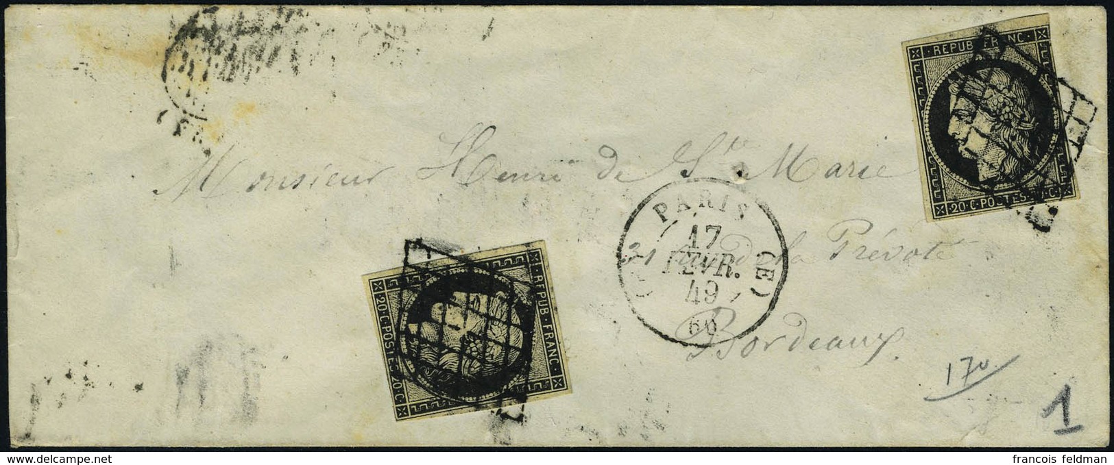 Lettre N° 3, 20 C. Noir Sur Jaune X 2 Ex Sur L Oblitérée Grille Et Càd Paris (60) 17 Fevr 49 Pour Bordeaux, Avec Arrivée - Andere & Zonder Classificatie