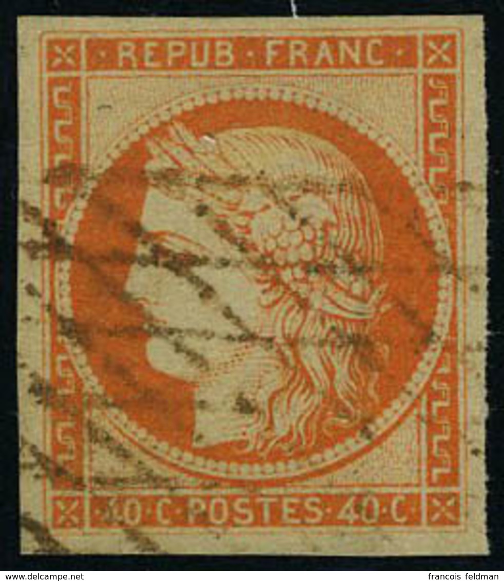 Oblitéré N° 5, 40c Orange Obl Grille Sans Fin Rouge, Superbe,  Rare, Signé Calves - Sonstige & Ohne Zuordnung