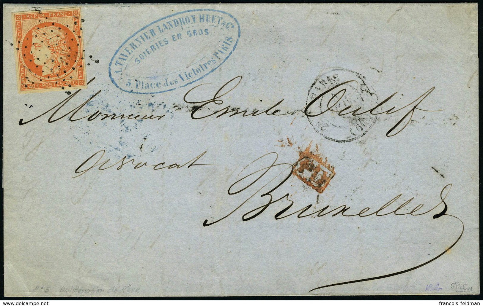 Lettre N° 5, 40c Orange Sur L De Paris Pour Bruxelles 1852 Arrivée Au Verso T.B. Signé Calves, Maury - Other & Unclassified