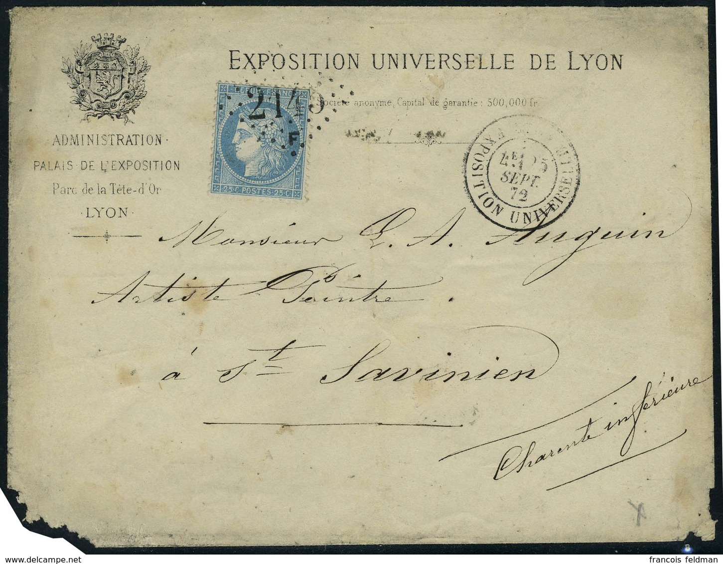 Lettre N° 60, 25c Bleu Sur L De L'Exposition Universelle De Lyon, Los GC 2145F Et Càd Exposition Universelle 25 Sept 72, - Other & Unclassified