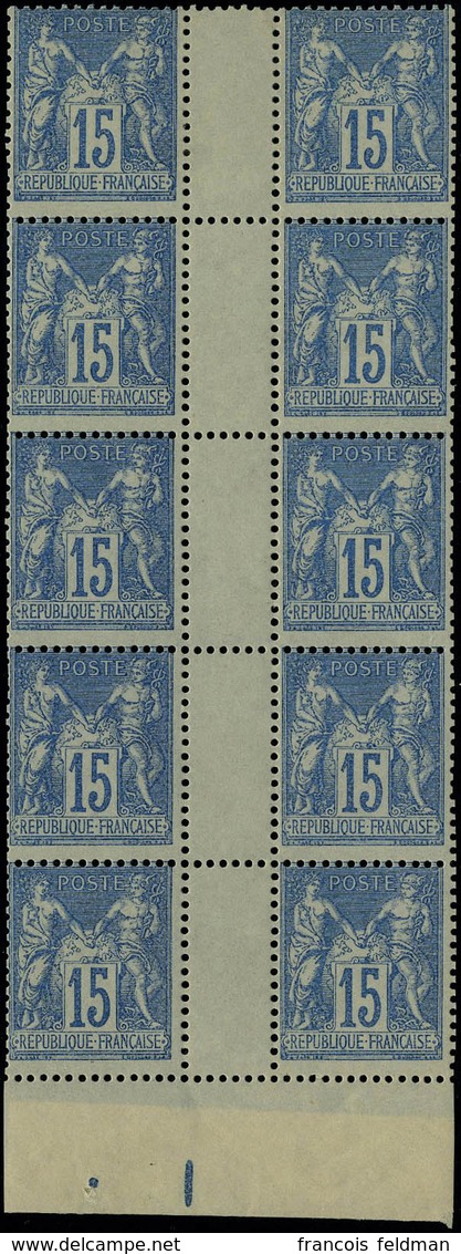 Neuf Sans Charnière N° 90, 15c Bleu, Bloc De 10, Interpanneau Sans Millésime, T.B. 2ex Cl - Andere & Zonder Classificatie