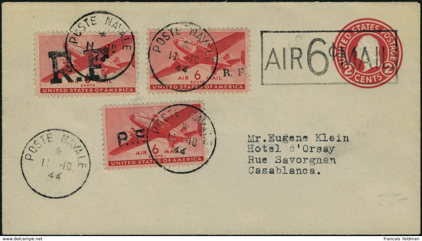 Lettre Entier Postal US à 2c Rouge Surchargé 6c Air Mail + 3 Timbres 6c PA US Différentes Surcharges : Alger I, Bône, Ca - Sonstige & Ohne Zuordnung