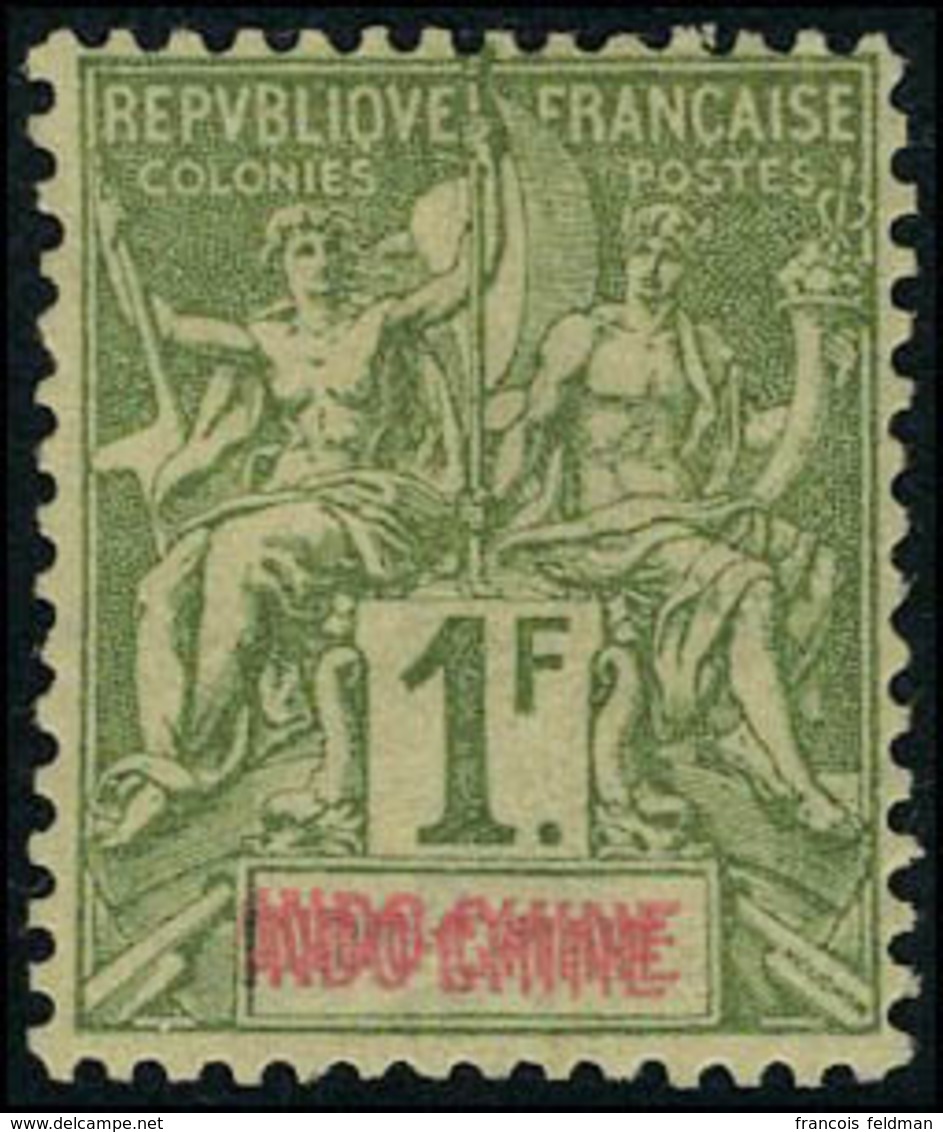 Neuf Avec Charnière N° 15a, 1f Olive Double Légende Indochine, T.B. Rare, Signé - Sonstige & Ohne Zuordnung