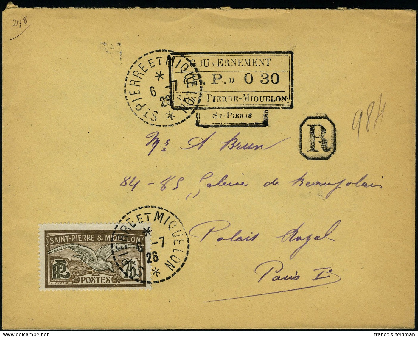 Lettre LR Affranchie Avec Cachet PP 030 + TP N° 90, Càd St Pierre Et Miquelon 6.7.26 Pour Paris T.B. - Other & Unclassified