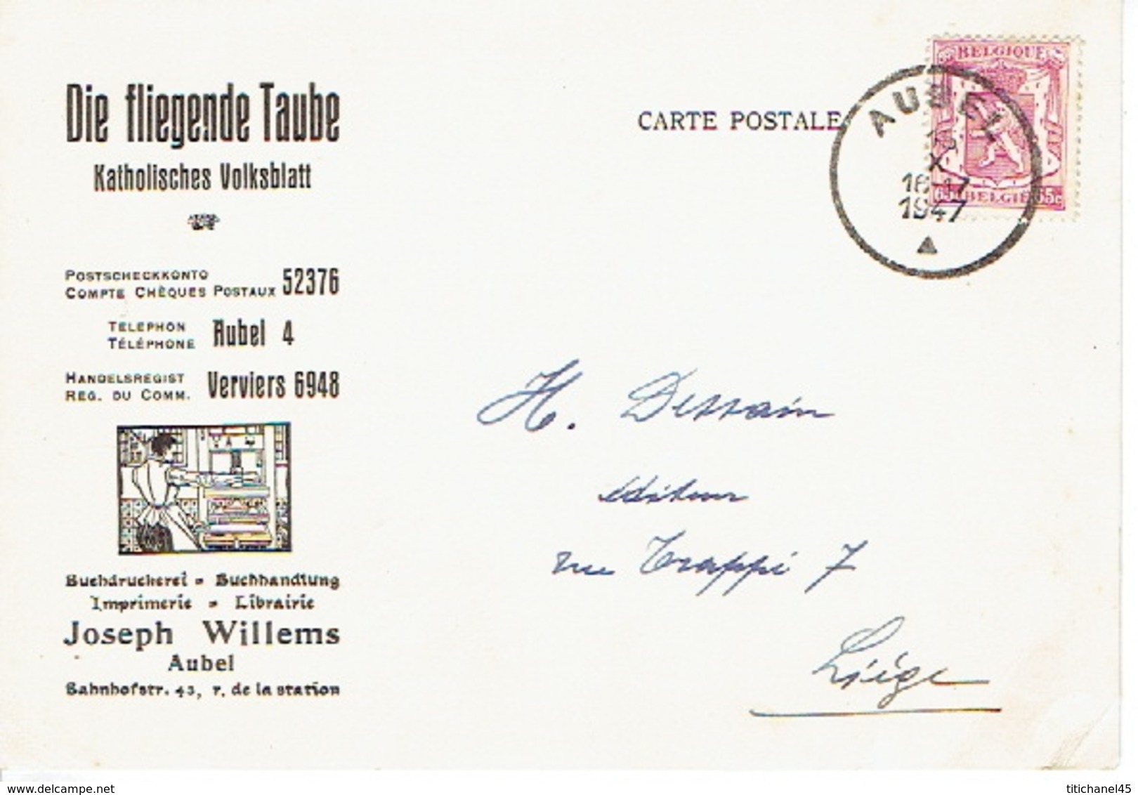 CP Publicitaire AUBEL 1947 - "DIE FLIEGENDE TAUBE" - Joseph WILLEMS - Buchdruckerei - Buchandlung - Aubel