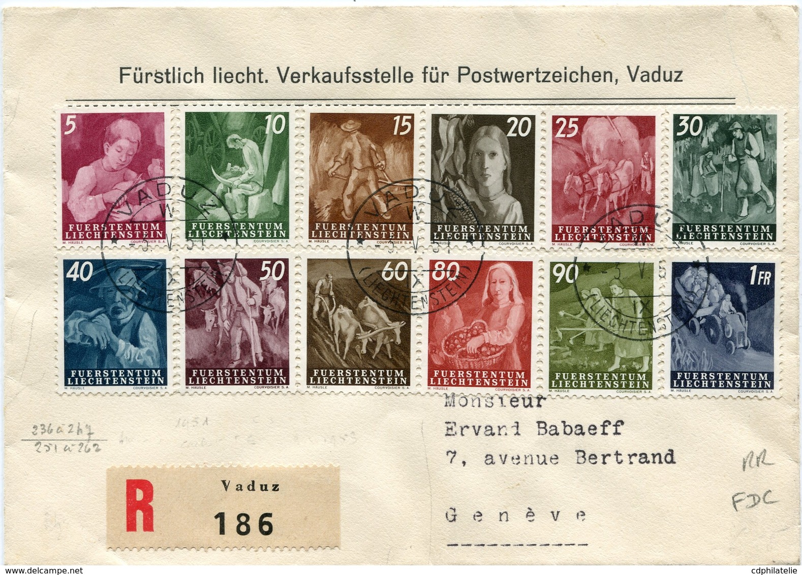 LIECHTENSTEIN LETTRE RECOMMANDEE AFFRANCHIE AVEC LES N°251/62 TRAVAUX AGRICOLES DEPART VADUZ 3 V 51 POUR LA SUISSE  RR - Storia Postale