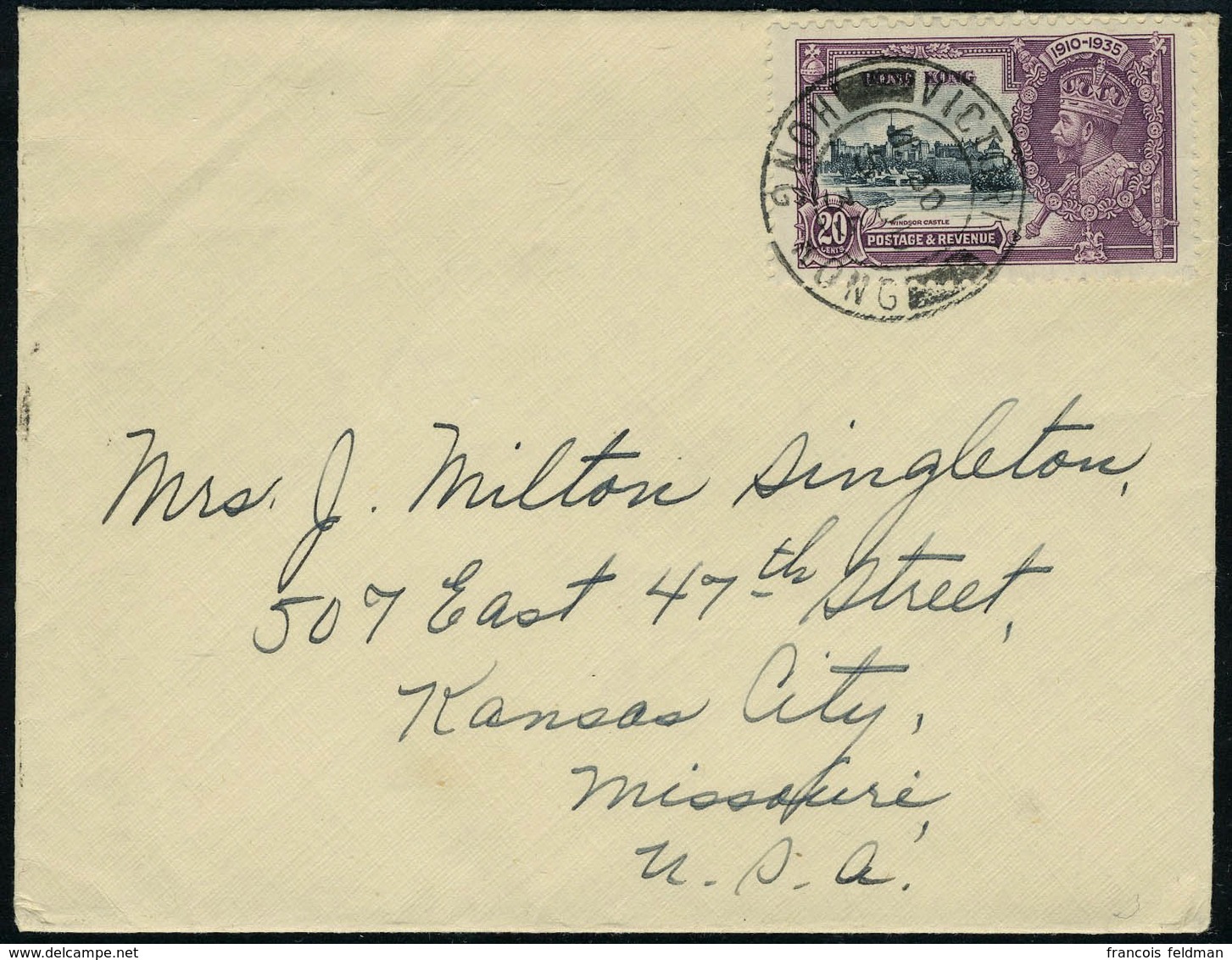 Lettre N° 135, 20c Jubile De Geoege V Seul Sur L Càd Victoria Hong Kong De 1935 Pour Kansas City USA, T.B. - Other & Unclassified