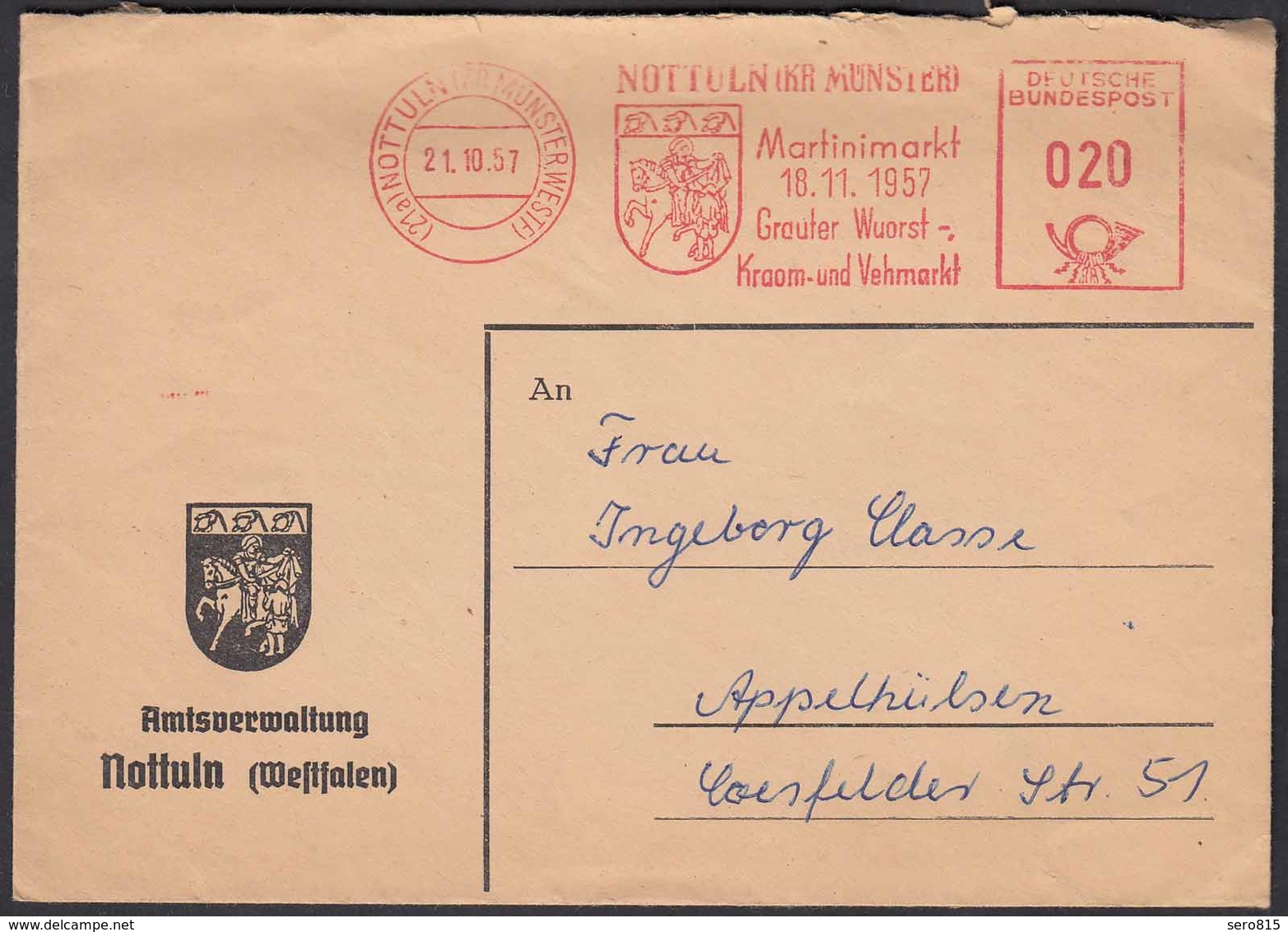 Nottuln Brief Freistempel 1957 Martinimarkt Nach Appelhülsen   (22688 - Autres & Non Classés
