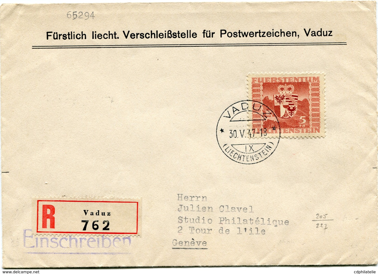 LIECHTENSTEIN LETTRE RECOMMANDEE AFFRANCHIE AVEC LE N°227 CHATEAU DE VADUZ........ DEPART VADUZ 30 V 47 POUR LA SUISSE - Briefe U. Dokumente