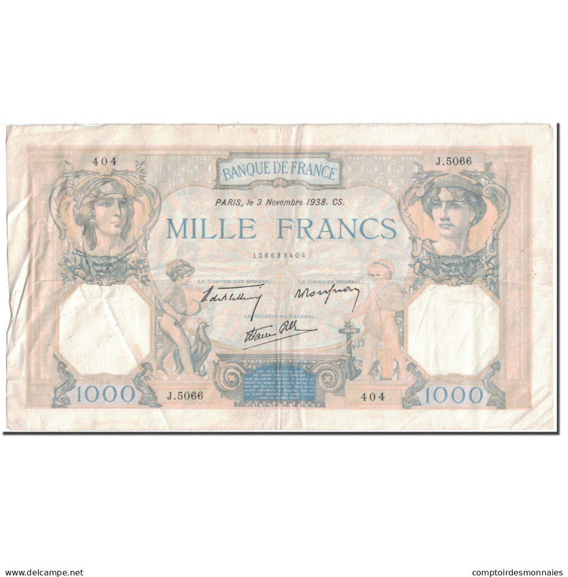 France, 1000 Francs, 1938, 1938-11-03, TTB, Fayette:38.32, KM:90c - 1 000 F 1927-1940 ''Cérès Et Mercure''