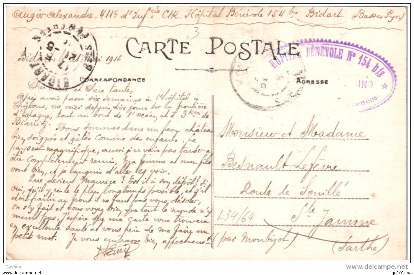 Cachet "Hopital Bénévole N° 154 Bis Bidart" 1916 Cp Biarritz - Guerre De 1914-18