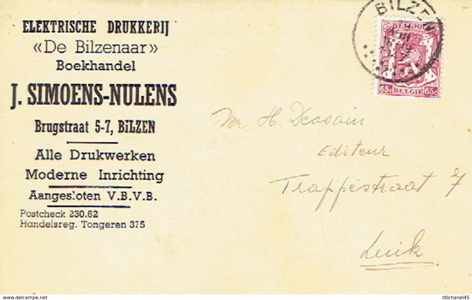 PK Publicitaire BILZEN 1947 - "DE BILZENAAR" - J. SIMOENS-NULENS - Elektrische Drukkerij - Boekhandel - Bilzen