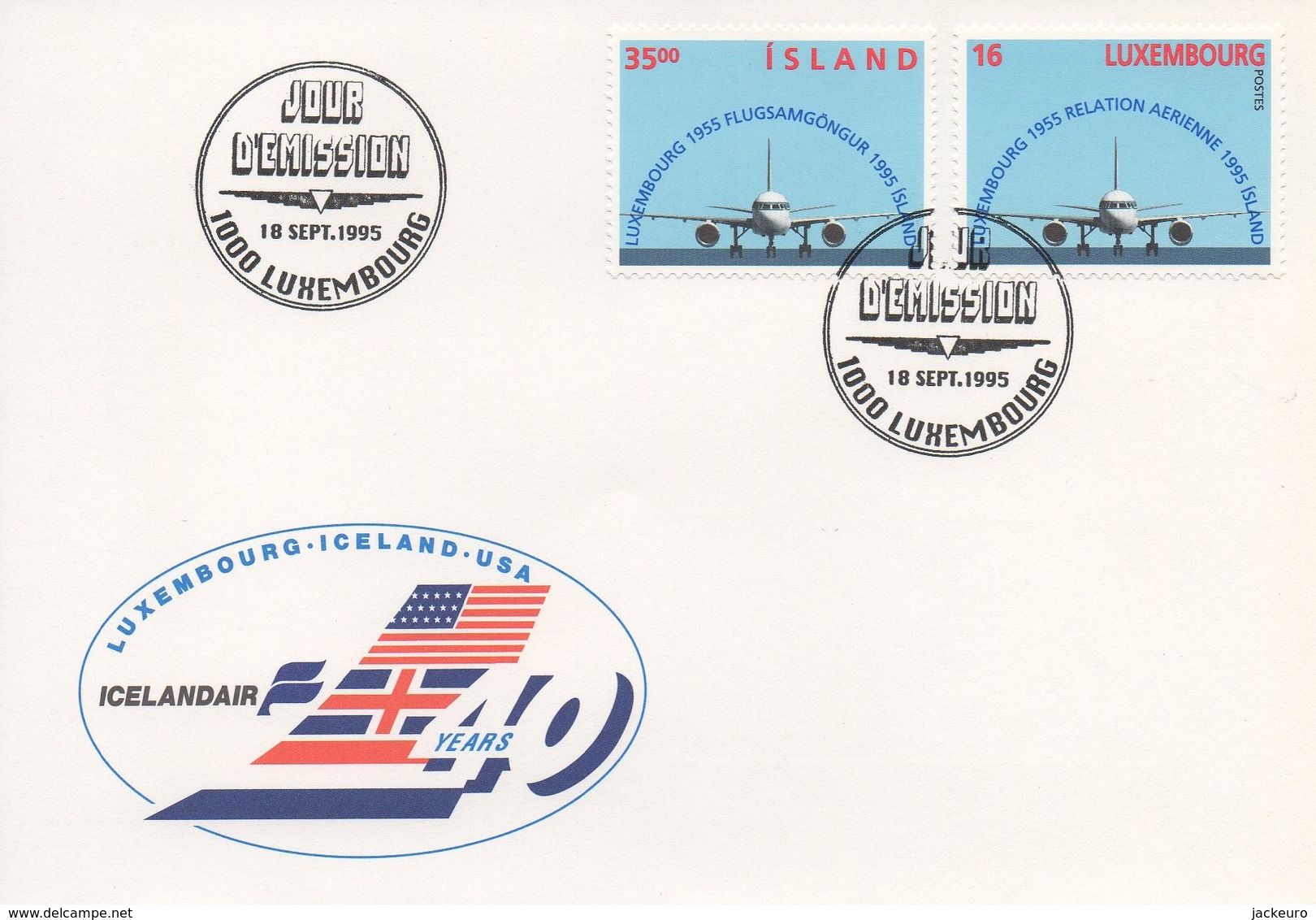 DIV40  FDC Luxembourg 1995 Luxembourg-Iceland-USA  (Icelandair)   TTB - Idées Européennes
