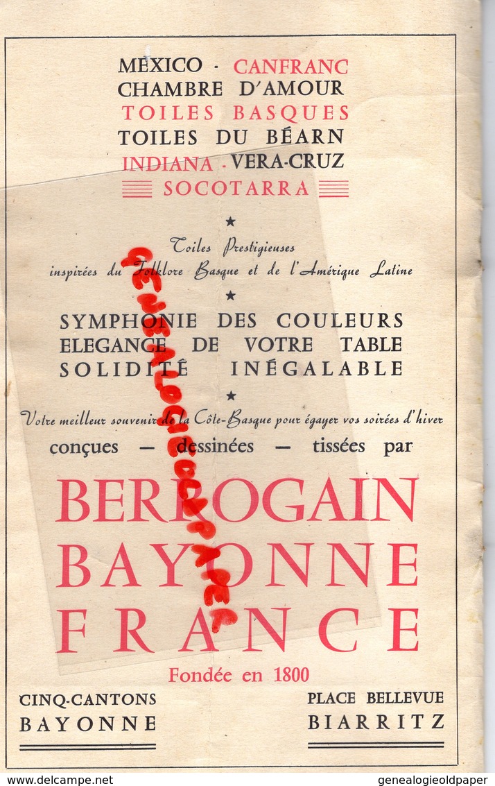 64- BAYONNE BIARRITZ- RARE PROGRAMME 15 AOUT 1954-CORRIDA ANTONIO ORDONEZ-CESAR GIRON-CARLOS CORPAS-URQUIJO MURUBE- - Programs