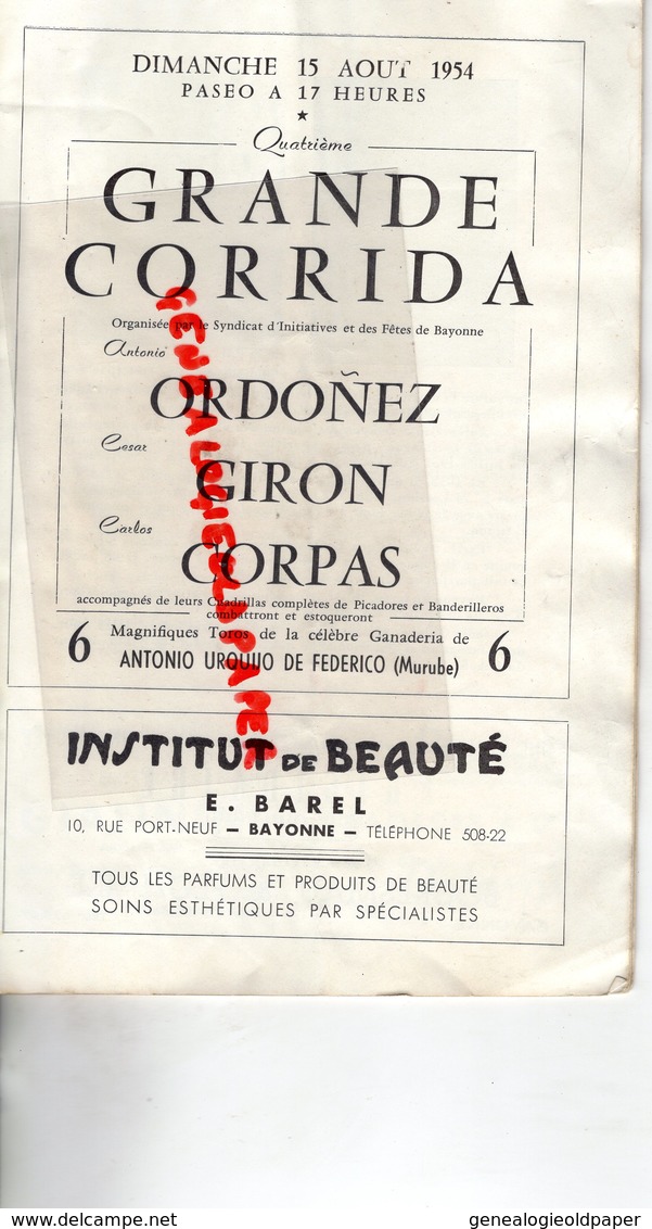 64- BAYONNE BIARRITZ- RARE PROGRAMME 15 AOUT 1954-CORRIDA ANTONIO ORDONEZ-CESAR GIRON-CARLOS CORPAS-URQUIJO MURUBE- - Programma's