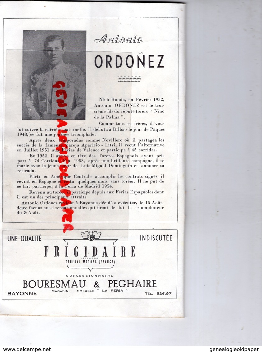 64- BAYONNE BIARRITZ- RARE PROGRAMME 15 AOUT 1954-CORRIDA ANTONIO ORDONEZ-CESAR GIRON-CARLOS CORPAS-URQUIJO MURUBE- - Programmes