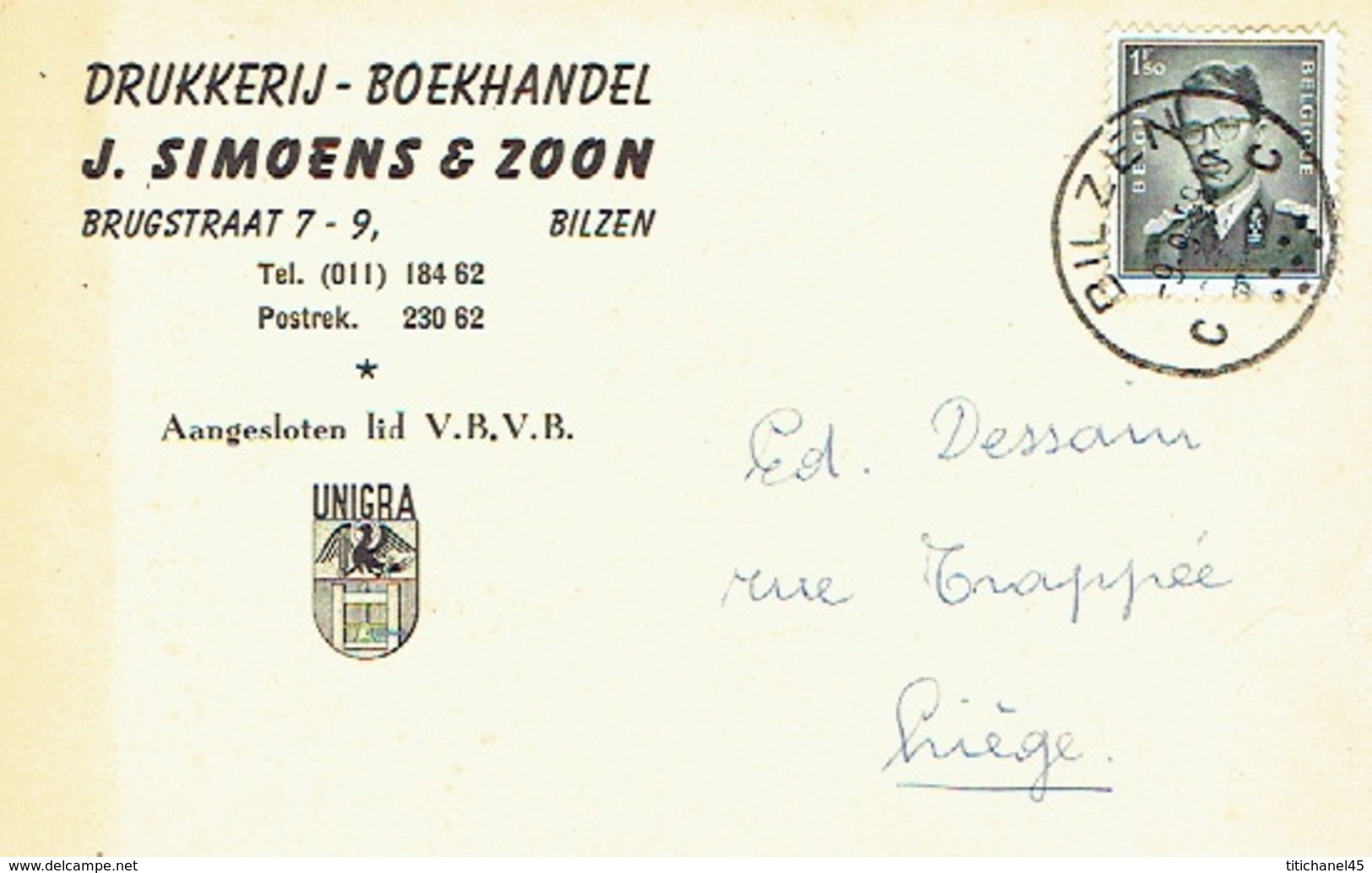 PK Publicitaire BILZEN 1959 -  J. SIMOENS & Zoon - Drukkerij - Boekhandel - Bilzen