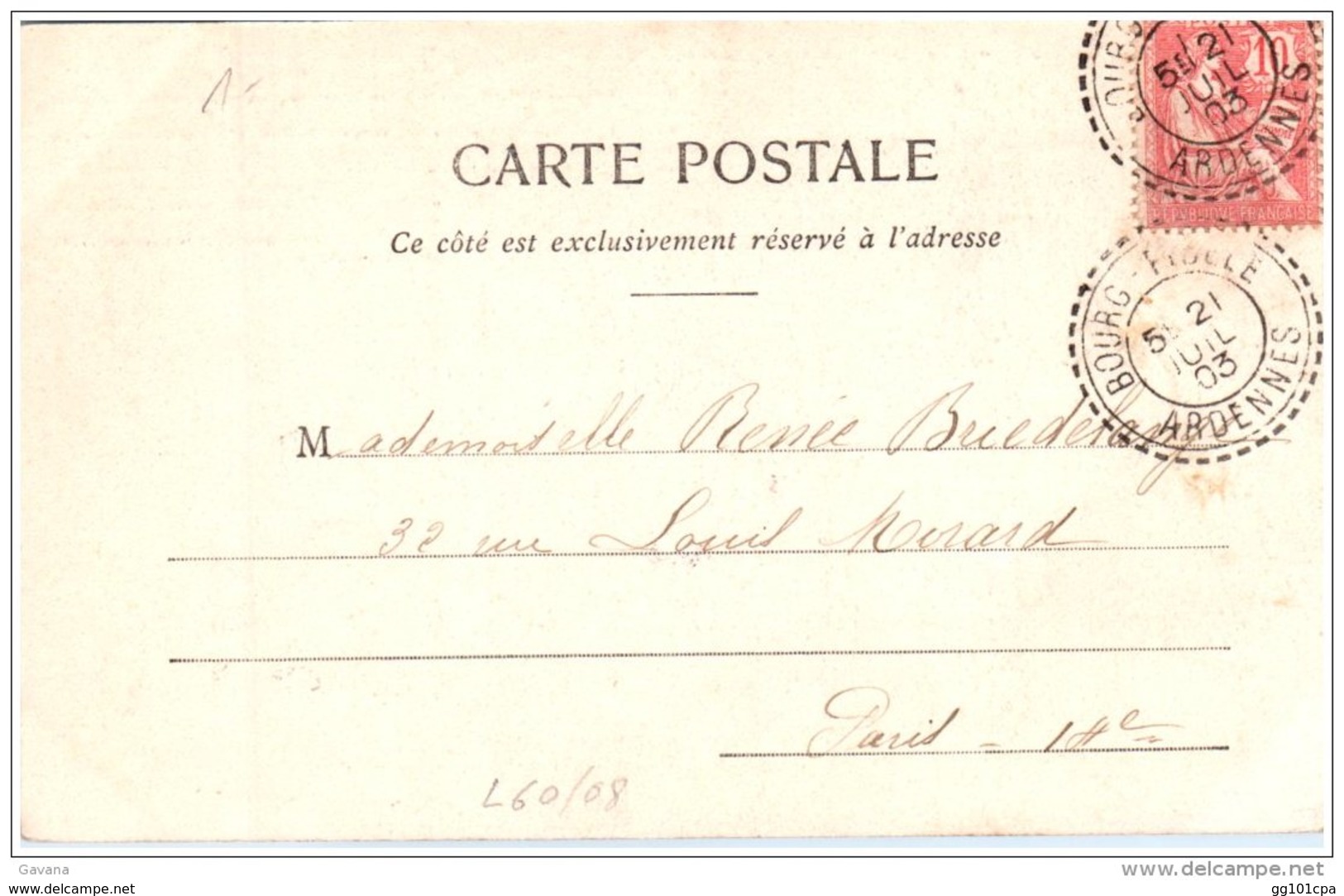 Cachet Perlé Facteur Boitier "Bourg - Fidele Ardennes 1903" Blanc Indice=3 Cp Rocroi (2 Scans) - Cachets Manuels