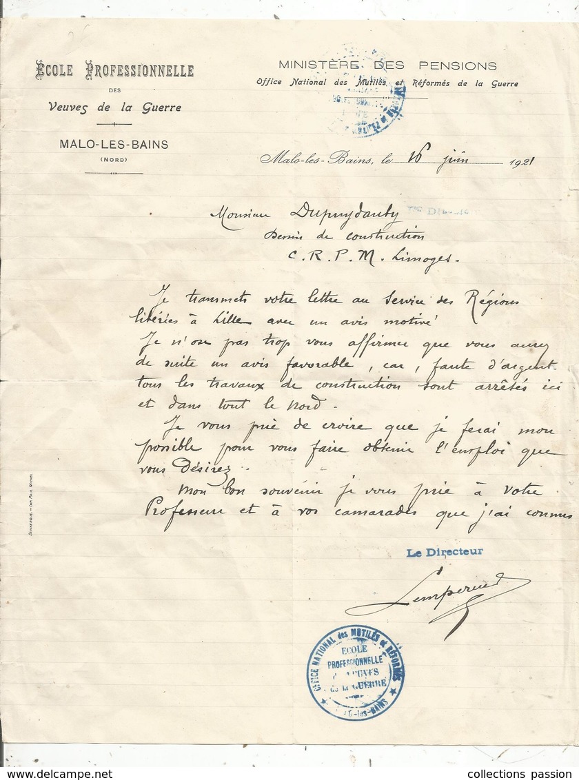 Courrier , Ecole Professionnelle Des VEUVES De La GUERRE , Malo Les Bains , Nord ,1921, Cachet, Frais Fr 1.45 E - Non Classés