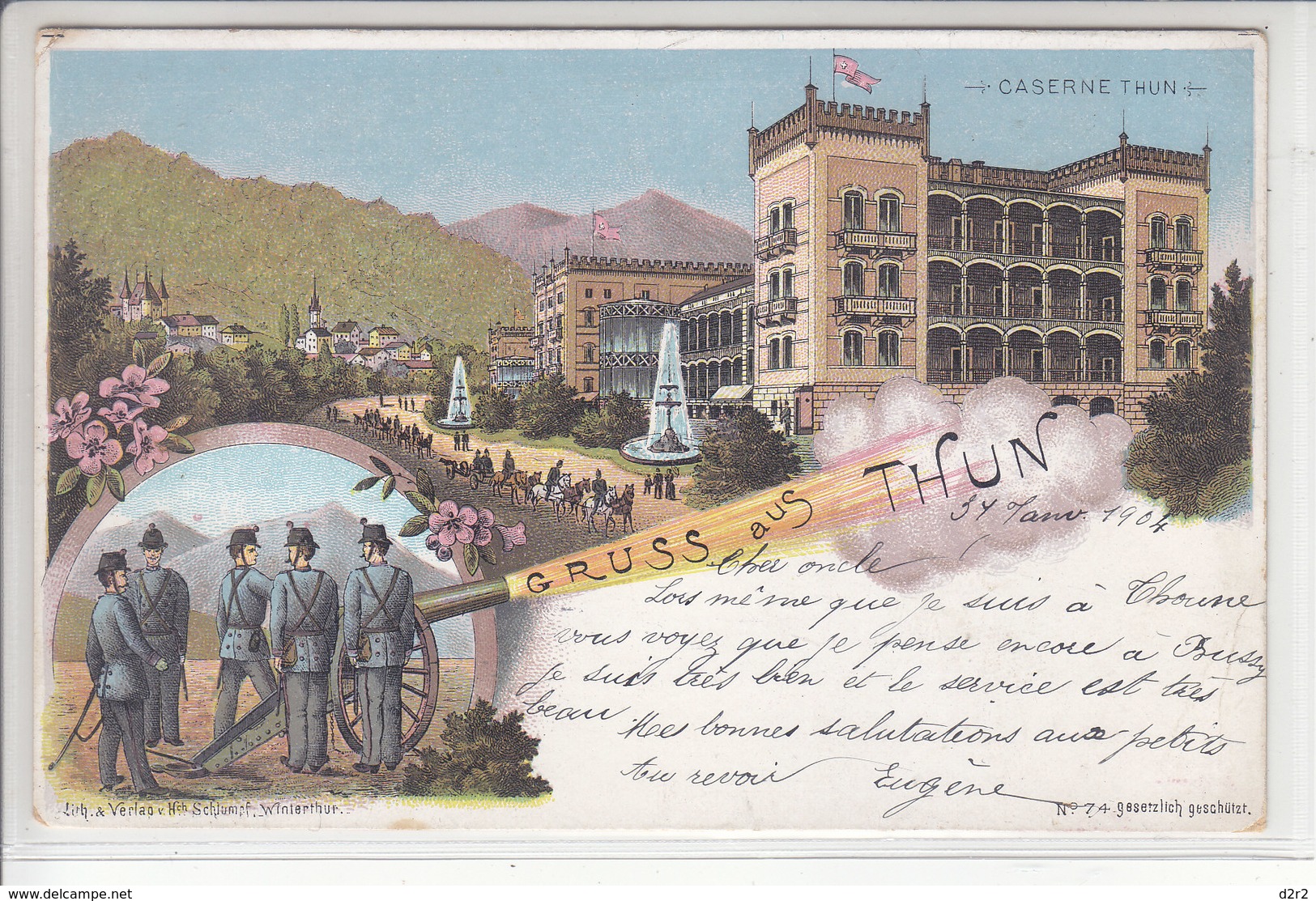 GRUSS AUS THUN - CASERNE THUN - LITHO - DOS UNIQUE 1.11.04 - CACHET ECOLE MILITAIRE THUN - TTB - Autres & Non Classés