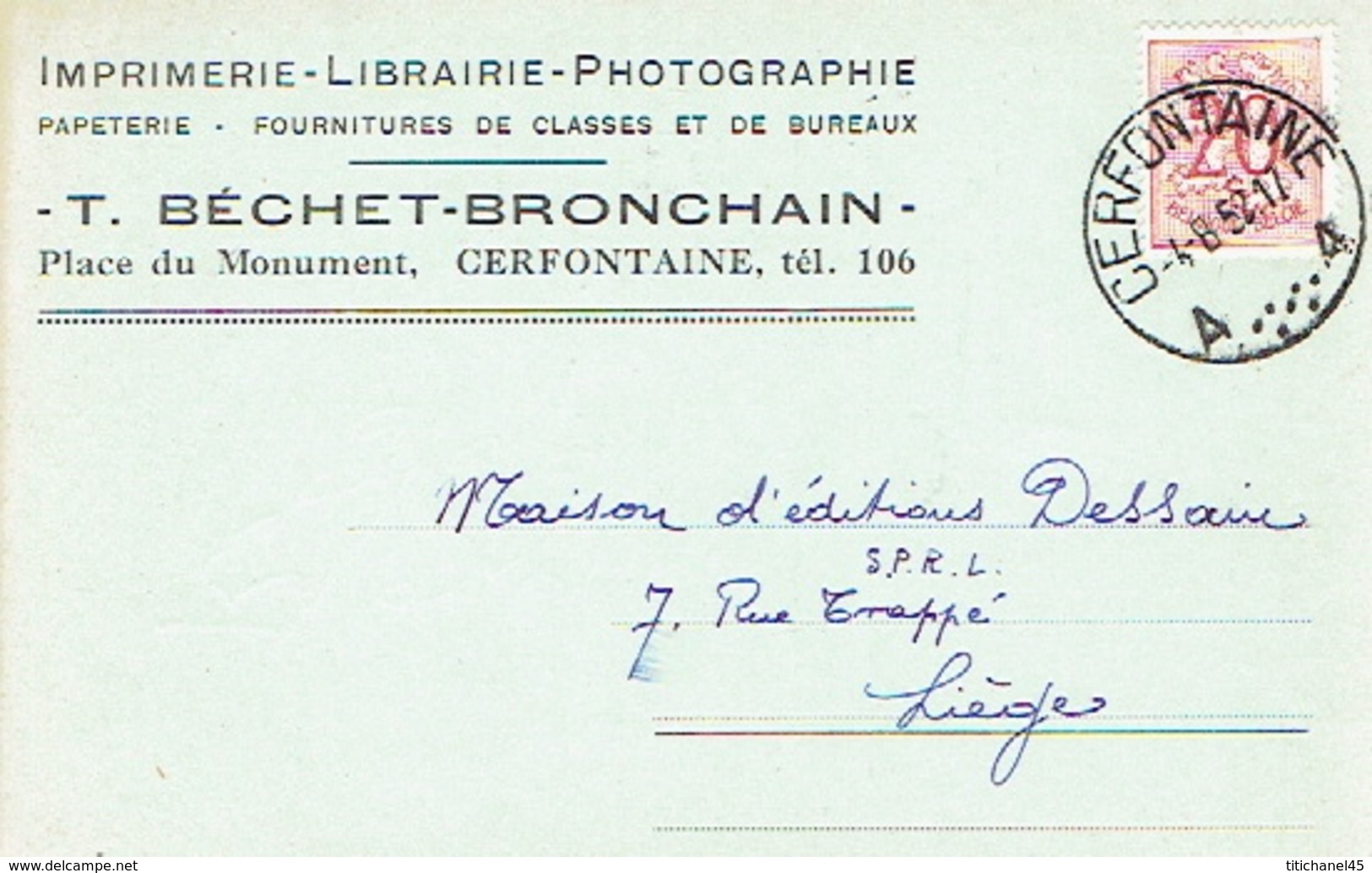 CP Publicitaire CERFONTAINE 1952 - T. BECHET-BRONCHAIN - Imprimerie - Librairie - Photographie - Papterie - Cerfontaine