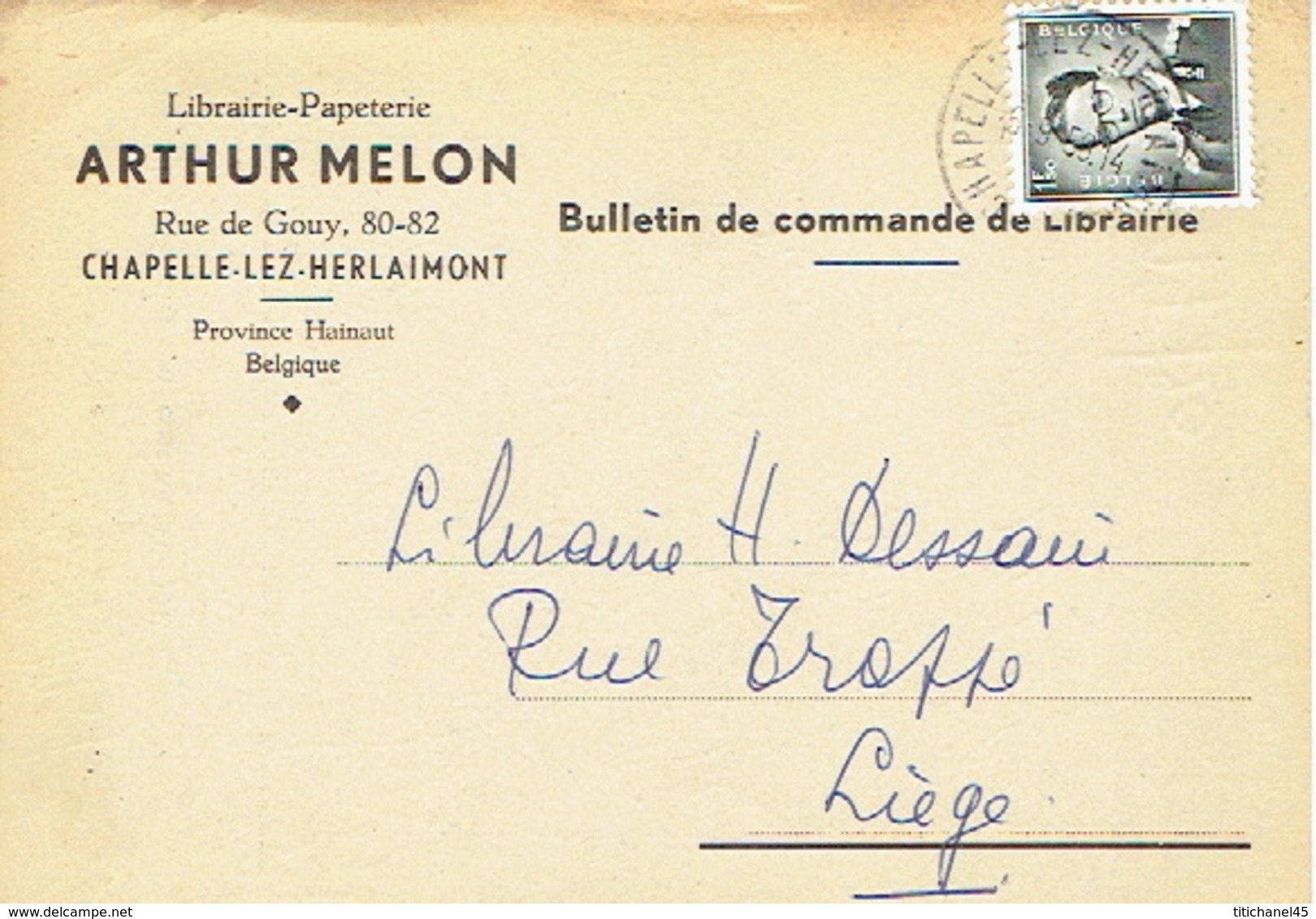 CP Publicitaire CHAPELLE-LEZ-HERLAIMONT 1959 - ARTHUR MELON - Librairie - Papeterie - Chapelle-lez-Herlaimont