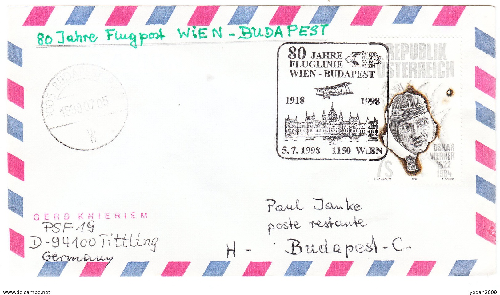 AUSTRIA FLUGPOST WIEN -BUDAPEST 1998 - Other & Unclassified